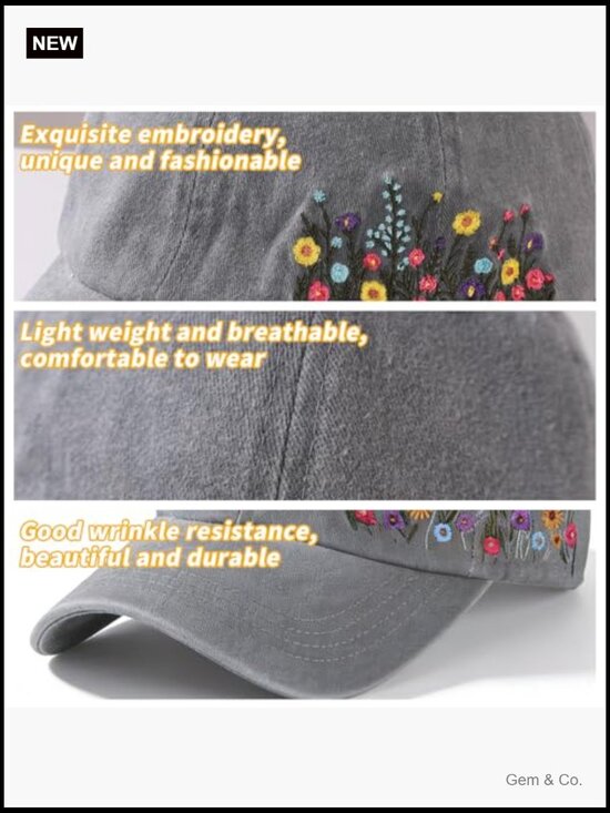 Embroidered Floral Baseball Cap Adjustable Breathable Cotton Hat for Women main image 5